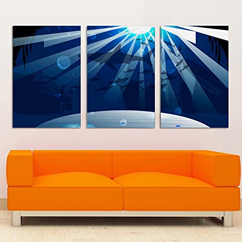Toile Requin Salon Solution Grand Mur Vide Triptyque Deep Marine Encadré - 4