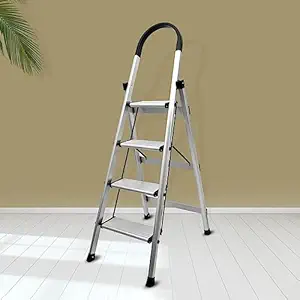 Plantex Premium 4 Step Folding Aluminium Ladder for Home Use/Wide Anti Skid Step Ladder(Anodize-Silver)