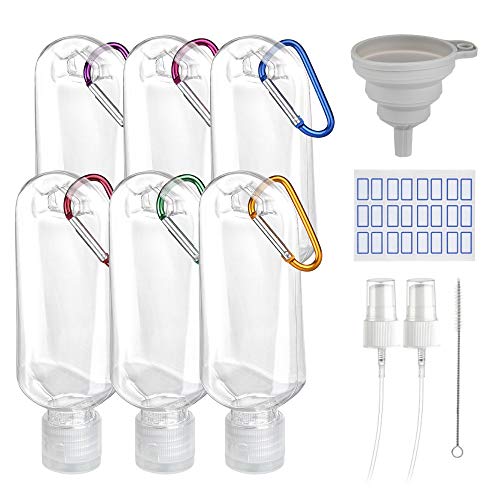 MS.DEAR Haken Reiseflaschen Kulturbeutel, 6er 50ml Flaschen Reiseset mit Karabiner, Nachfüllbare Plastikflasche für Flüssigkeiten Shampoo Lotion Händewaschen, Reiseflasche mit Trichter und Etiketten