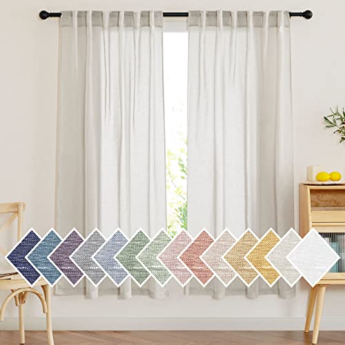 NICETOWN Linen Sheer Window Curtains Faux Flax for Bedroom, Rod Pocket & Back Tab Linen Blend Semi Sheer Privacy Curtain Drapes Light Filtering for Living Room, Natural, 52" W x 63" L, Set of 2
