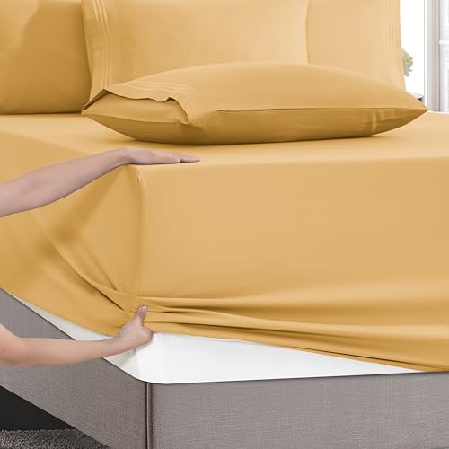 Image of Mocassi Luxury 4-Piece Sheet Set, Ultra Soft 1800 Premium Hotel Quality Microfiber Sheet Set, Fits Mattresses Up to 18 to 24 Inches Extra Deep Pocket - Breathable and Secure Fit, Twin, Gold