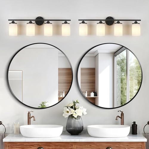Image of Jonsi Black Bathroom Light Fixtures 4-Light Vanity Lights Modern Wall Sconce with Milk White Shade Brushed Brass Bathroom Light Fixture Over Mirror for Bedroom Hallway Kitchen