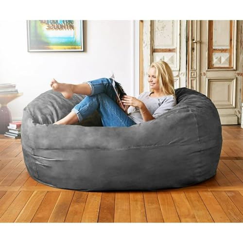 6 Ft Gray Color Giant Bean Bag Chair with Filler Included Comfortable Ultra Soft Long Lasting Durable Double Stitching Removable Zipper Closure Cover