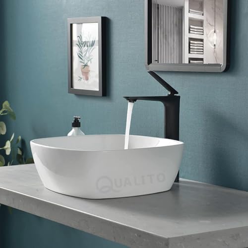 Image of QUALITO Table Top Wash Basin for Bathroom, Living Room, Hall, Dinning Room | Countertop /Over Counter Ceramic Vessel Sink /Basin | Glossy Finish Table Top Wash Basin (White, 16x16x6 Inch)