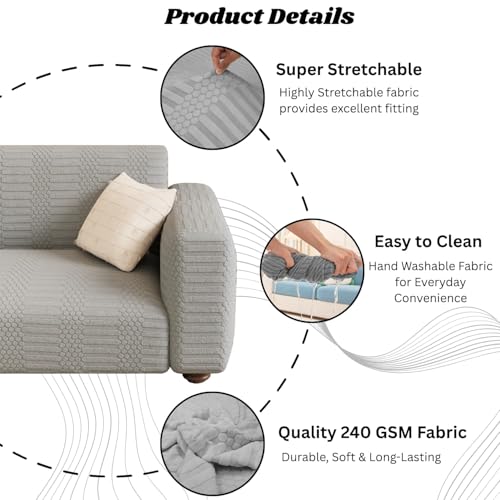 Image of Lukzer 1 Seater Pastel Light Grey Dotted Stripe Pattern Sofa Cover | 240 GSM Universal Stretch Fit Jacquard Fabric Couch Protector | Fully Covered Anti Slip & Washable Sofa Cover (SC-067-01 /90-140cm)