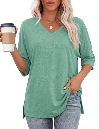 Totatuit Oversize Short Sleeve Tops for Women Trendy Cute Solid Color V Neck Tshirts Loose Fit Tunic Gray Green S