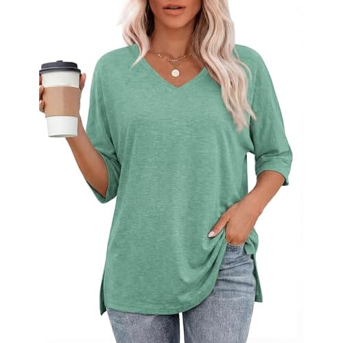 Totatuit Womens Oversized Tee Shirts Short Sleeve V Neck Blouse Side Slit Basic Tshirts Loose Fit Tunic Tops Gray Green Large