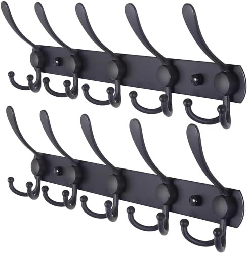 Coat Rack Wall Mounted Wall Hanger,5 Tri Hooks, Heavy Duty, Stainless Steel, Metal Coat Hook Rail for Coat Hat Towel Purse Robes Mudroom Bathroom Entryway(Matte Black,2 Packs)