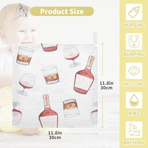 Image of vvfelixl Whiskey Bottles Glasses Baby Burp Cloths Baby Muslin Washcloths for Boys Girls Cotton Baby Face Towel for Newborn Infants Soft and Absorbent 11.8 X 11.8 in, 5 Pack
