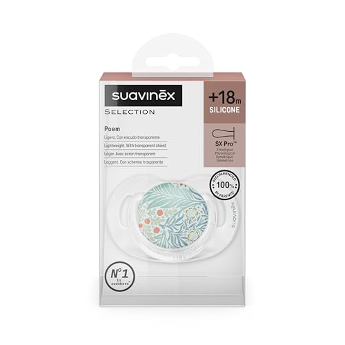 Suavinex, Sucette pour Bébés +18 Mois, Tétine Symétrique SX Pro en Silicone, Plate et Flexible, Réversible, Respecte le Développement Buccodentaire, Collerette Transparente, Poetry Bleu
