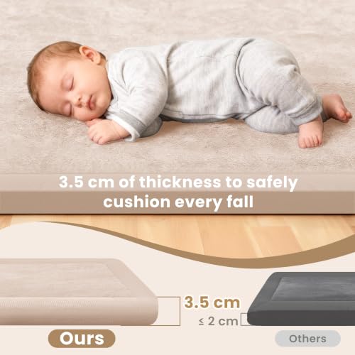 Image of ACOMOPACK Baby Play Mat for Floor 1.3 inch Thick Memory Foam Play Mat 71 inchx79 inch Tummy Time Crawling with Non-slip Bottom for Living Room,Nursery,Soft Velvet Playpen Mats for Kids,Infants(Beige)