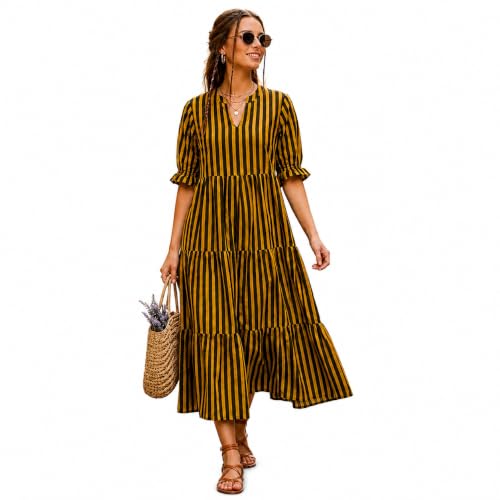 Image of Women's Striped Midi Dress with V-Neck, Yellow and Black