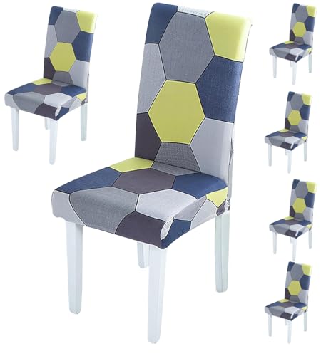 Image of Styleys Chair Covers for Dining Room, Stretch Dining Chair Cover, Washable Spandex Kitchen Chair Slipcovers (Set of 6, Multi Hexagon Pattern, SD3225)