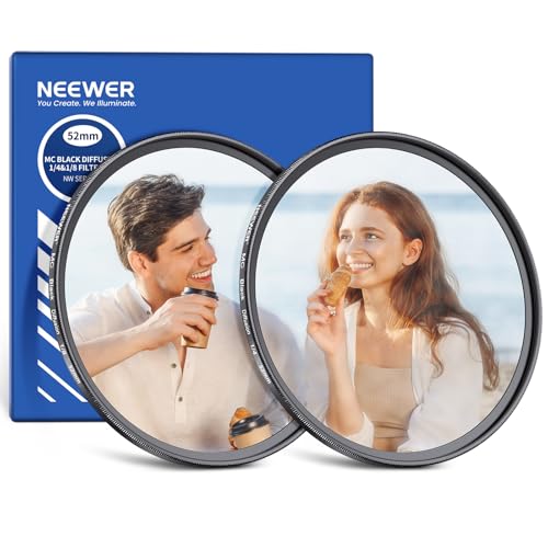 Image of NEEWER 52mm 1 /4 & 1 /8 Black Diffusion Filter for Mist Cinematic Effect, 2 Pack Multicoated Dreamy Effect Filter Set with Storage Case & Cleaning Cloth for Portrait Photography Video