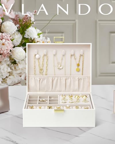 Vlando Jewelry Box for Women, 2 Layer Jewelry Box,Large Jewelry Organizer for Women Removable Jewelery Tray for Necklace Earrings Rings Bracelets (Cream White)4