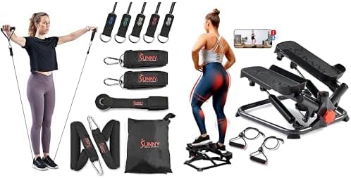 Sunny Health & Fitness Resistance Band Strength Training Tube Set - NO. 089-COMBO + Smart Twist Advanced Exercise Stepper Machine - SF-S0979SMART