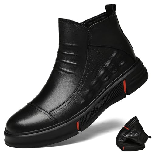 Image of Men Casual Black Italian High-top Leather Boots Alligator Printed Business Chelsea Chukka Ankle Booties Fall Winter Wool Warm Side Zipper