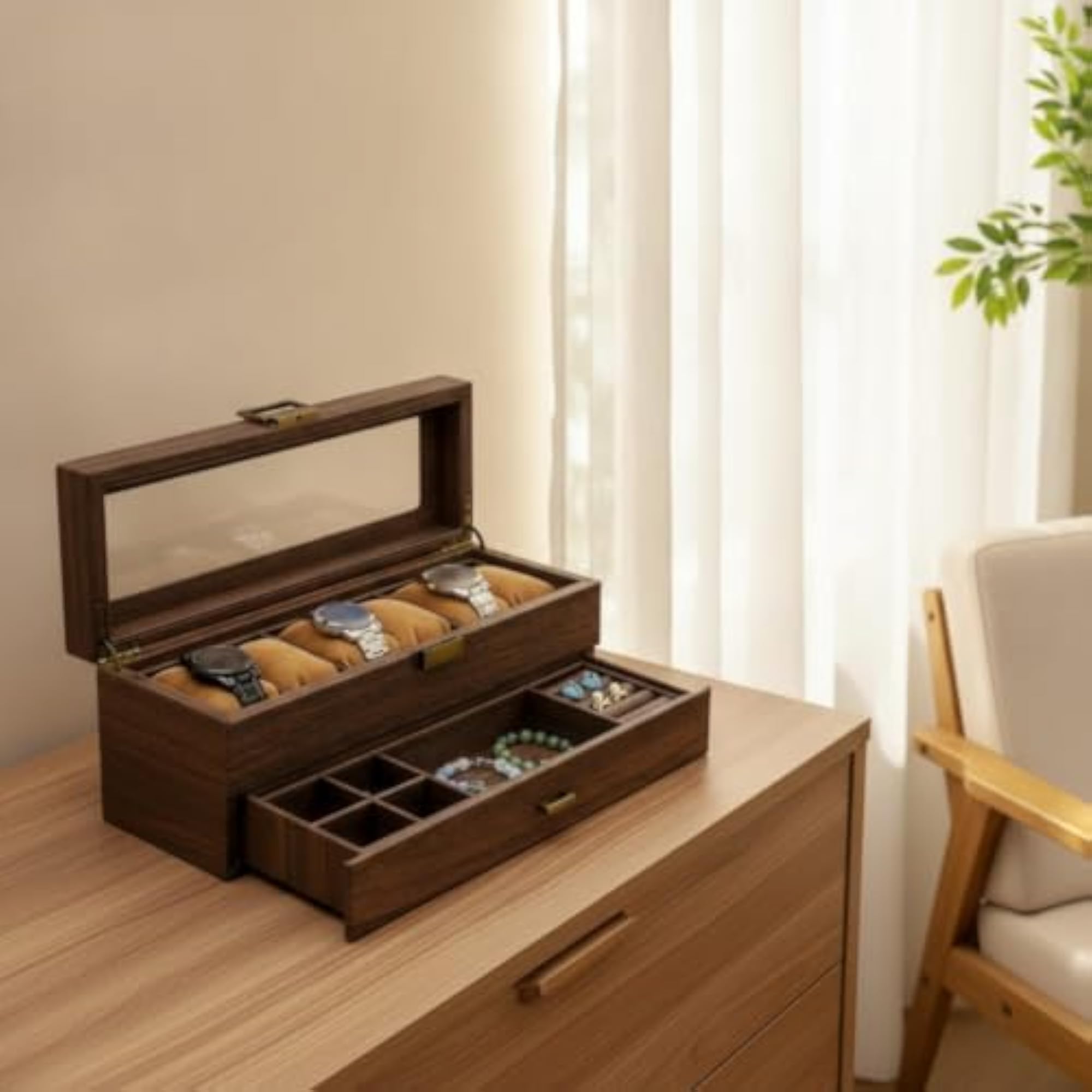6-Slot Wooden Watch Display Case with Glass Lid