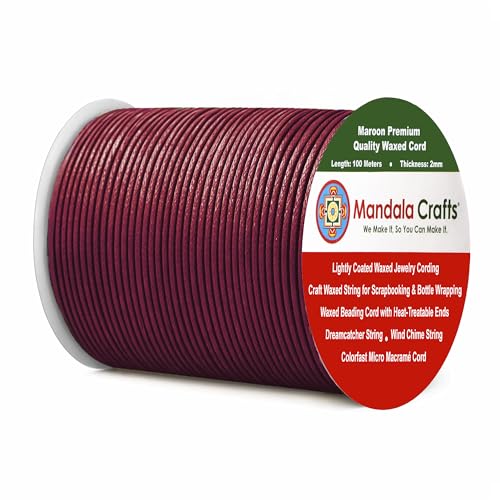 Mandala Crafts 2mm Maroon Cotton Waxed Cord for Jewelry Making, 109 Yards â€“ Waxed Cotton String for Decorative Knotting and Accessory Assembly