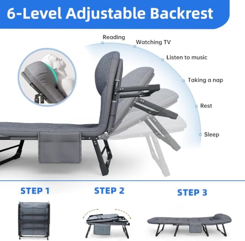 Image of DOLPHY Portable Folding Camping Cot Bed for Sleeping with Soft Cushion 6 Feet with Headrest 6-Position Adjustable Backrest & Side Pocket for Home,Office,Camping and Travel (Upto 100KG)