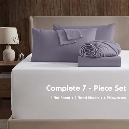 Image of Nestl Extra Deep Split King Sheet Set - 7 Piece Breathable & Cooling Sheets - Hotel Luxury Bedding Set w /18-24 Inch Deep Pockets - Easy & Secure Fit - Super Soft, Wrinkle Free & Comfy - Grayish Purple