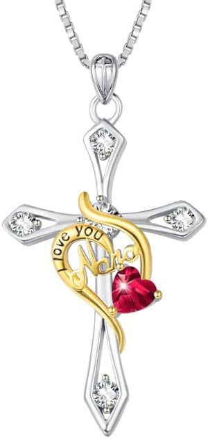 HeartMelody Gold Cross Necklace for Women Nana, I Love You Heart 18K White Gold Plated with Birthstone Necklace Everyday Faith Christian Jewelry Birthday Christmas Gifts for Mom