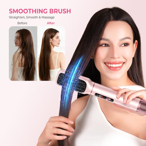 Image of Atopskins 5 in 1 Blow Dryer Brush Set, 1000W Hot Air Styler with Auto-Wrap Curler & LED Temp Display, Negative Ion Hair Dryer Brush for Straightening, Volumizing & Curling - Pink