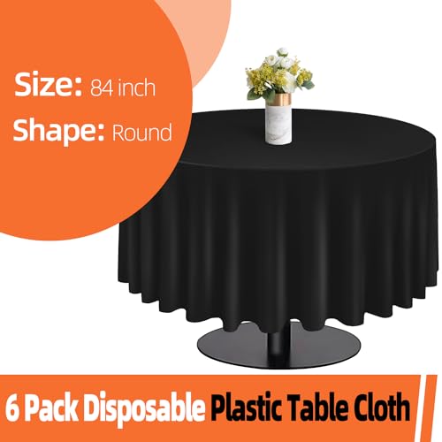 Black 6 Pack Plastic Table Cloth 84", Disposable Round Tablecloth Table Cover, Plastic Tablecloths for Parties - Image 2