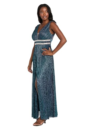 Image of R&M Richards Women's Pleated Maxi Dress W /Illusion V-Neck, Embellished Waistband & Front Slit - Party & Cocktail Gown