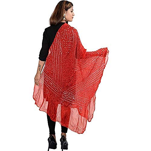 Image of PK HUB Women's Jaipuri Rajasthani Bandhani Dupatta | Art Silk Bandhej Dupatta with Gota Patti Work & Tassels (Free size)