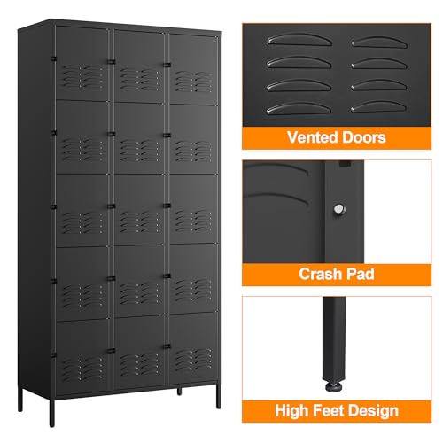 Image of Metal Locker with 15 Doors Employees Locker, Metal Storage Locker with Hooks, 72 inch Storage Cabinet Lockers for Employees, Home, Office, Gym Requires Assembly (15 Doors, Black)