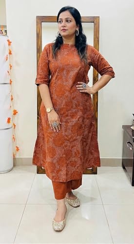 Image of ANNI Designer Kurta Sets for Women Viscose Blend Printed | Kurti Set for Woman | Kurta Palazzo Set | A Line Kurti | Mandarin Collar Elbow Sleeve Suit Set for Women Stylish Ethnic Outfit Clothing