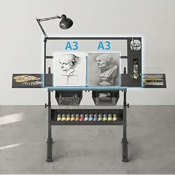 Drafting Tables Drawing Art Table, Height Adjustable Paintings Work Station, with 2 Storage Drawer, Retractable Side Panels, for Reading, Writing Art C(