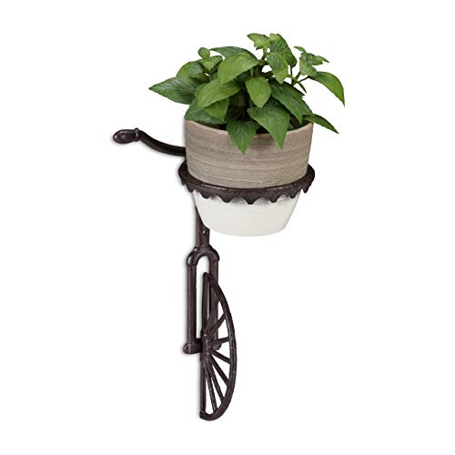Relaxdays Set of 3 Unicycle Wall-Mount Flower Racks, Cast Iron, Outdoor Ornament, Weatherproof, Ø 13 cm, Dark Brown