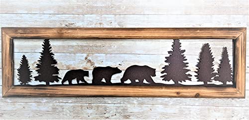 Bestgiftever Rustic Wood Frame Bear In Woodlands Metal Wall Art Cabin Style Décor 34" (L) #TOP2