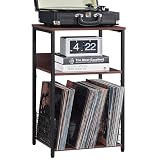LELELINKY 3 Tier End Table,Record Player Stand with Storage Up to 100 Albums, Turntable Stand for Vinyl, Walnut Couch Nightstand Side Tables for Living Room Bedroom