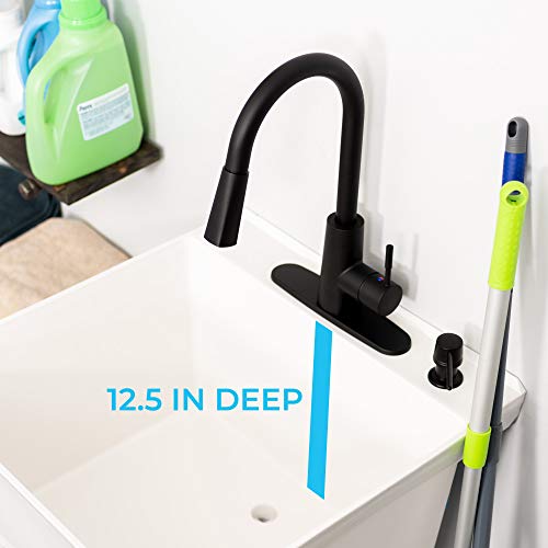 VETTA White Utility Sink Laundry Tub With High Arc Black Kitchen Faucet By VETTA - Pull Down Sprayer Spout, Heavy Duty Slop Sinks For Washing Room, Basement, Garage, or Shop, Free Standing Tubs - Thumbnail 5