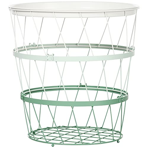 HOMCOM Mesita Auxiliar con Tapa Cesta de Almacenamiento Apilable con Marco de Acero para Dormitorio Baño Salón Ø39,5x40,8 cm Verde