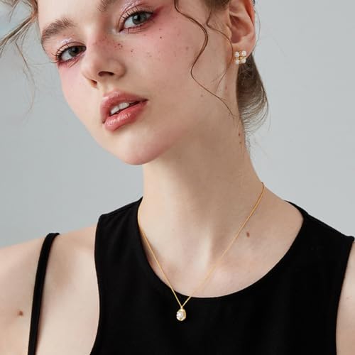 Pearl Necklace 14K Gold Plated Pendant with 6mm Freshwater Pearl Necklaces Gift for Women (055)2