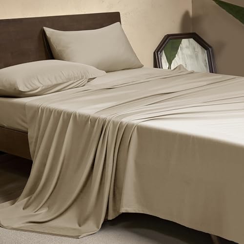 Image of EVERLY Queen Sheets Set,Luxuriously 400 Thread Count Organic Viscose Derived from Bamboo Bed Sheet,Cooling Sheets for Queen Size 4 Piece Deep Pockets Bedding Sheets &Pillowcases-Champagne