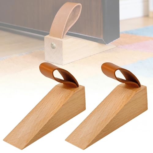 LERANXIN Cuñas Madera con Almohadilla de Goma Antideslizante y Asa de Transporte de Cuero Curtido Vegetal Cuña Puerta para Todas las Puertas de Apertura y Cierre Topes para Puertas Suelo
