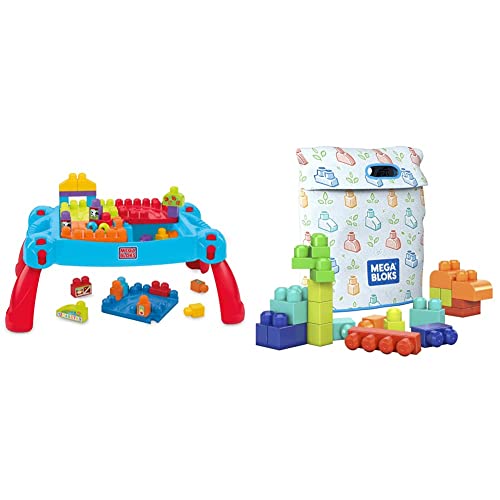 Image of MEGA Bloks First Builders Build 'n Learn Table & BLOKS Build 'n Play Bag Building Set with 60 Plant-Based Big Building Blocks and 1 Storage Bag, Toy Gift Set for Ages 1 and up​ [Amazon Exclusive]