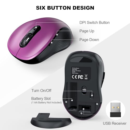 Image of WisFox 2.4G Wireless Mouse for Laptop, Ergonomic Computer Mouse with USB Receiver and Type-C Adapter, 3 Adjustable Levels, 6 Button Cordless Wireless Mice for Windows Mac PC Notebook (Purple)