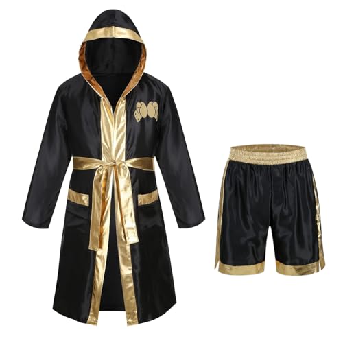 Colorful House Men's Satin Black Boxing Robes Adult Hooded Boxing Costume With Shorts Set(Black...