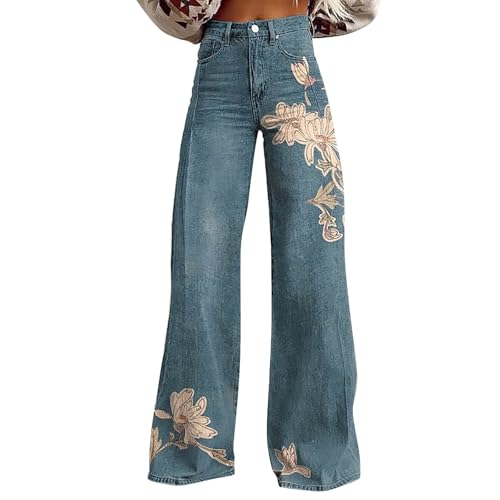 Baggy Jeans pour femme - Pantalon évasé des années 70 - Style bohème des années 60 - Style hippie - Fleurs - Taille haute - Costume disco - Pantalon large -...