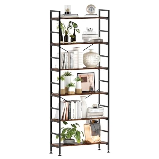 CosyStar 6-Tier Adjustable Tall Bookcase, Rustic Wood and Metal Standing Bookshelf, Industrial Vintage Book Shelf Unit, Open Back Modern Office Bookcases