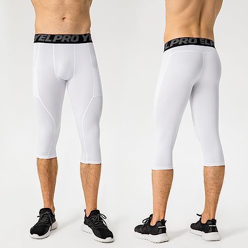 Yuerlian Men's Compression 3/4 Capri Shorts Baselayer Cool Dry Tights Leggings Sports Tights With Dual Pockets 1 Pack White #TOP3