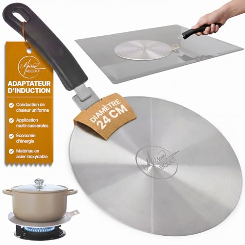 Maison Abodo Plaque Adaptateur Induction 24cm avec Poignée Amovible | Ne Change Pas de Couleur | Adaptateur Plaque Induction pour Casseroles Moka, Verre &...