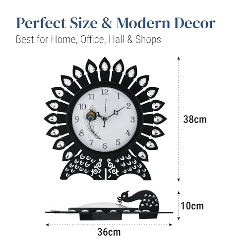 Image of Kuber Industries 14 Inches Wooden Peacock Designer Stones Analog Wall Clock | Vintage Interior Home and Office Decor, Living Room, Bedroom | Black