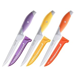 3PCS Boning Knife, German Stainless Steel Fillet Knives, 6 inch Curved Boning Deboning Filet Fillet Knife for Meat, Fish, Poultry, Cutting, Trimming, Ergonomic Rubber Handle, Dishwasher Safe
